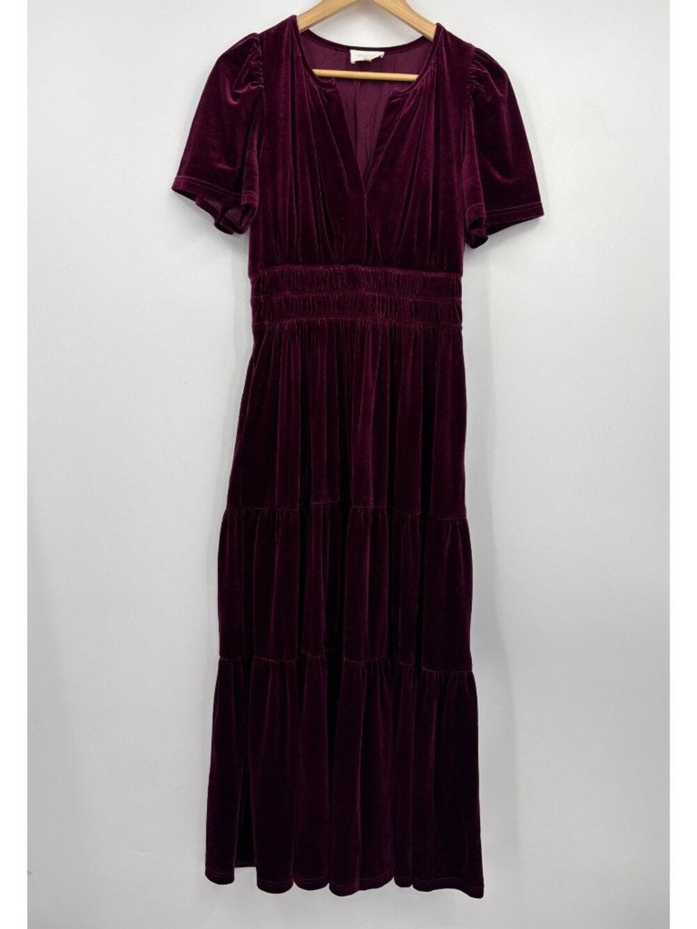 Bohme Velvet Tiered Maxi Dress V-Neck Flutter Sleeve Burgundy Medium - Picture 2 of 8
